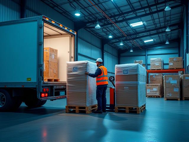 Warehouse crew loading pallets of freight onto a delivery truck