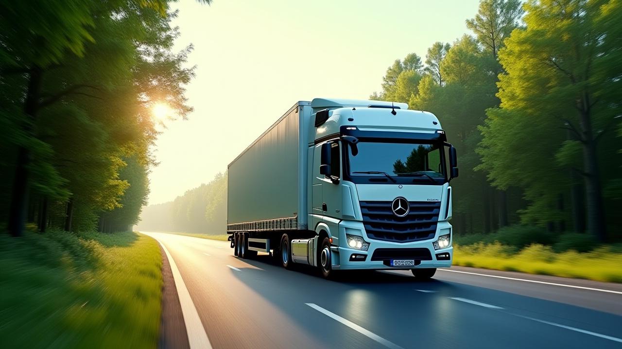 Modern freight truck traveling through a lush green landscape representing sustainable transportation
