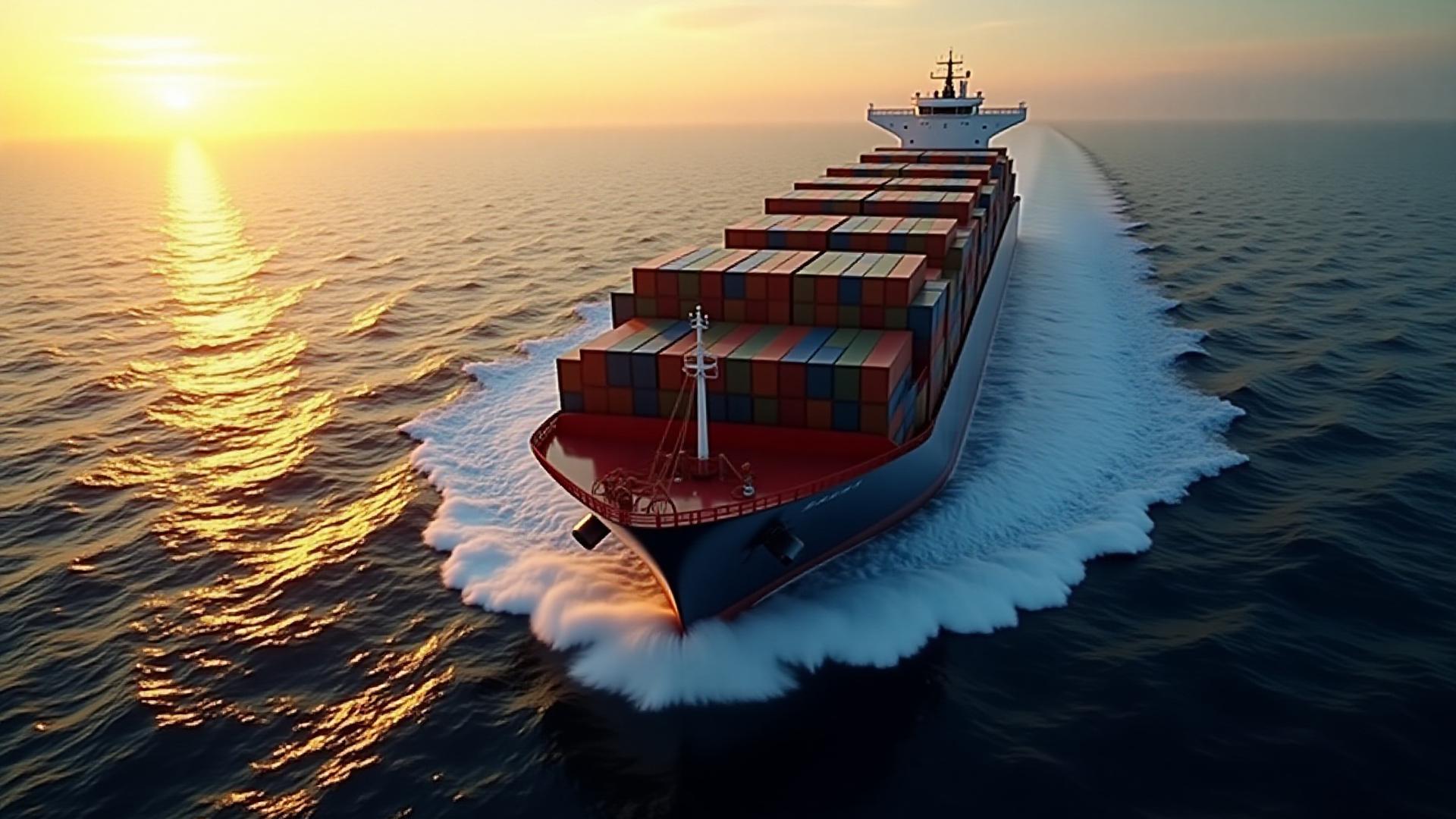 A large container ship navigating through high seas at dawn, symbolizing global trade reach.
