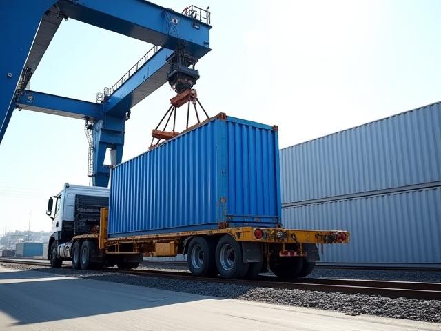 A gantry crane at a busy port lifting a shipping container to synchronize a multi-modal shipment.