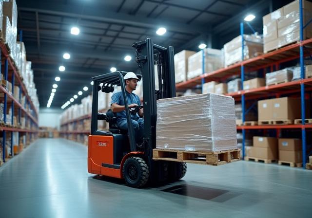 Modern warehouse interior with clean aisles and high-tech inventory management